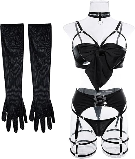 Women Sexy Hollow Out Lingerie For Ladies Leather Lingerie Four Piece Set